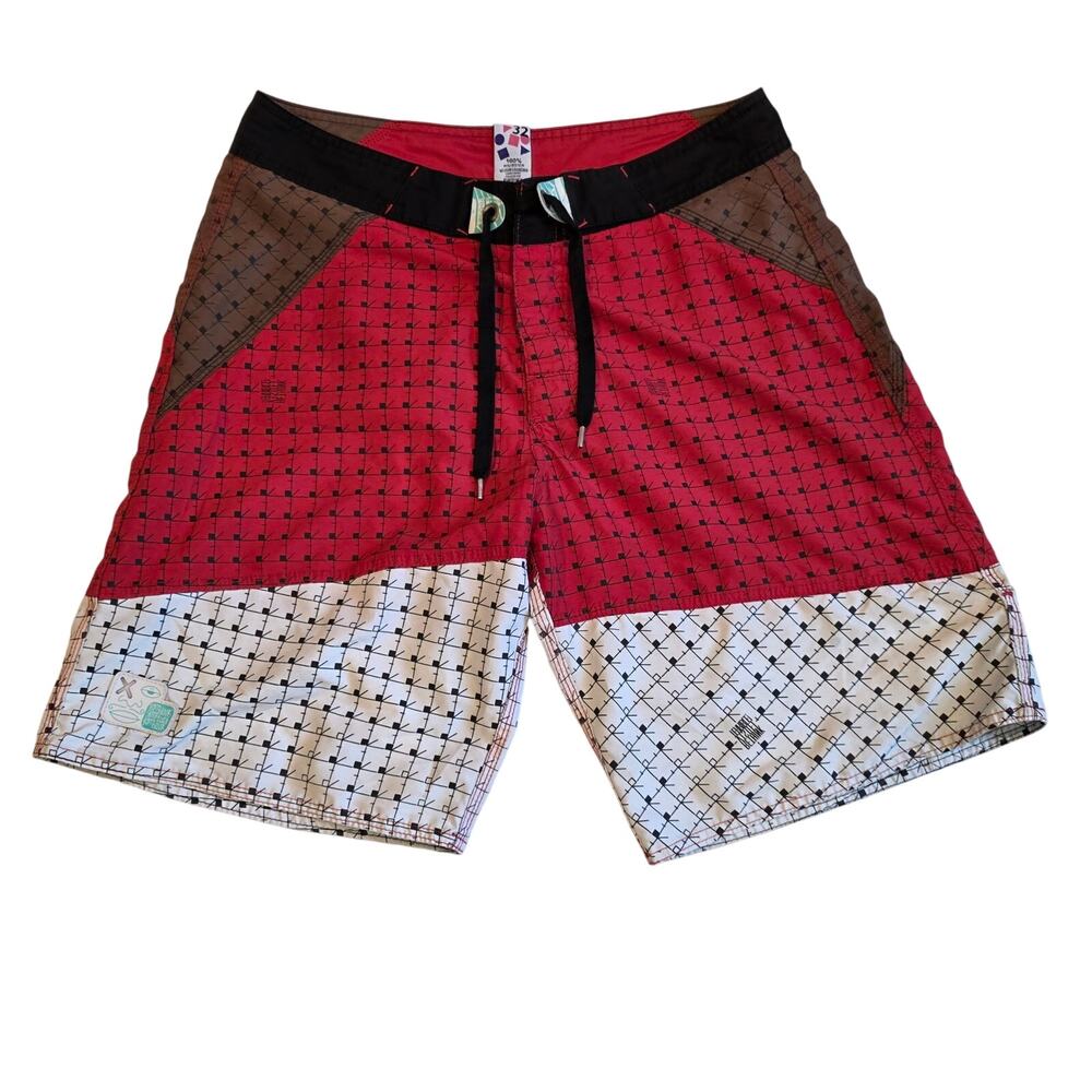 Rethink Geometric Abstract Board Shorts 32 Red White Black‎ Swim Trunks